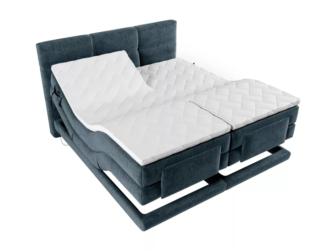 Ensemble complet boxspring tête de lit capitonnée + sommiers relaxation électrique + matelas + surmatelas - 2 x 90 x 200 cm - Tissu - Bleu - LODI de PALACIO