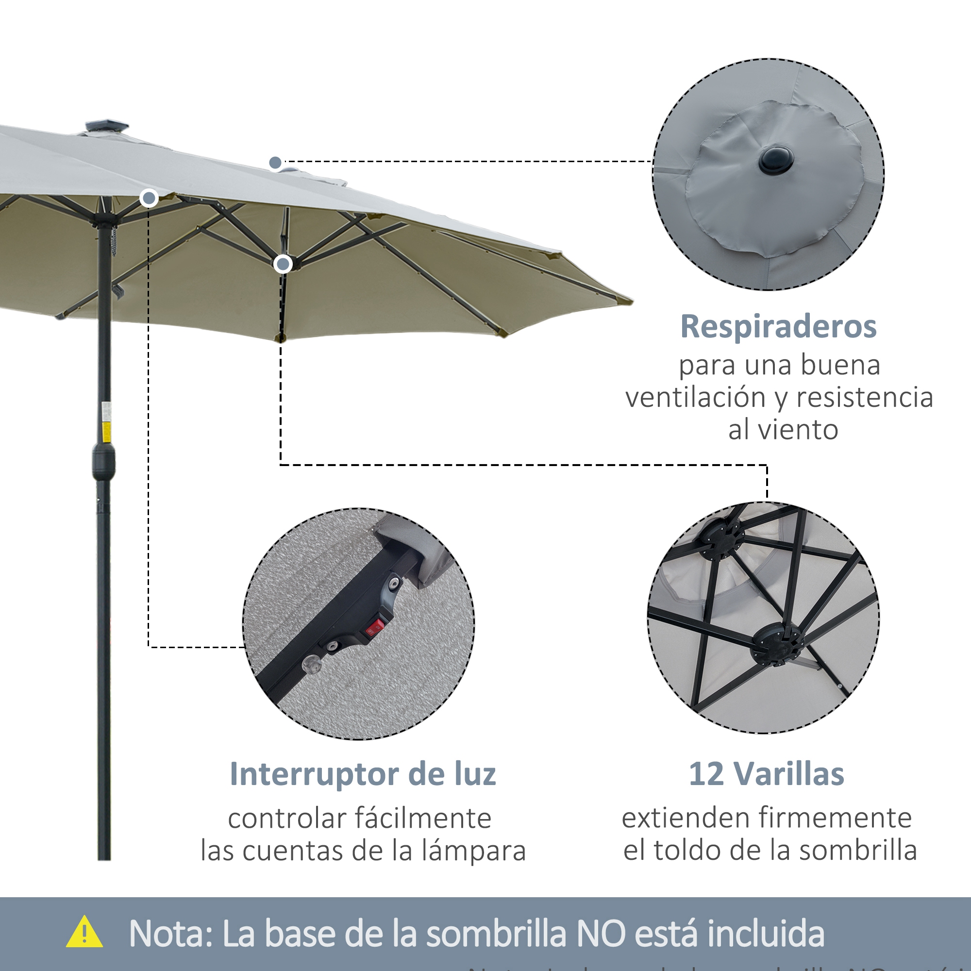 Guarda-chuva duplo Outsunny cinza claro