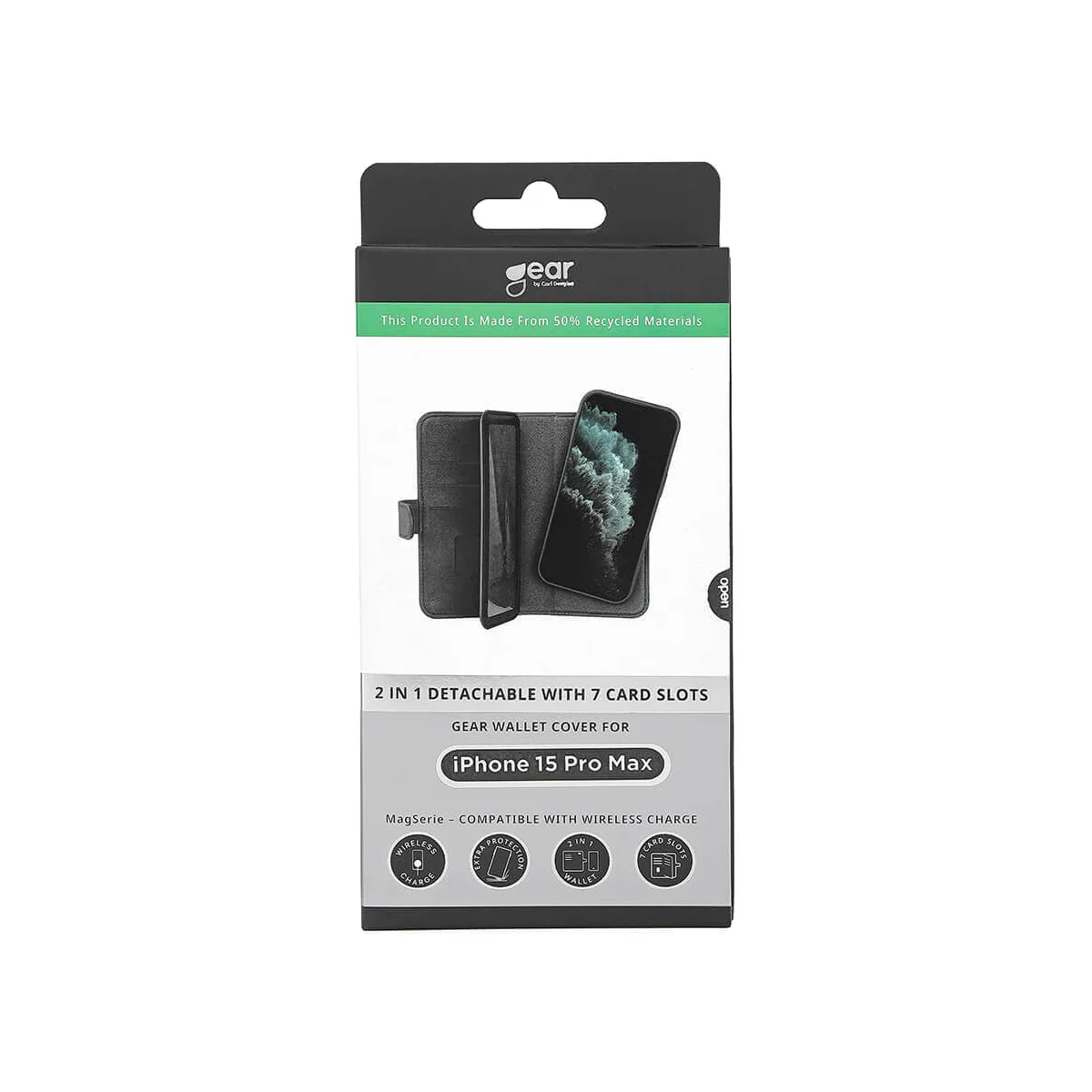 Gear 2in1 iPhone 15 Pro Max 7 lommebokdeksel (sort)