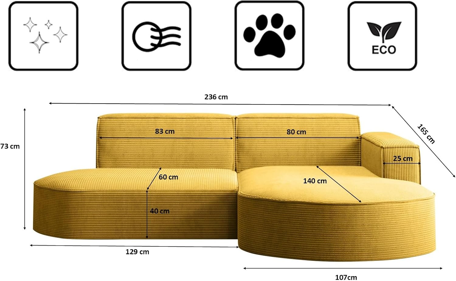 Kaiser Möbel - Ecksofa mit Wohnlandschaft, Eckcouch L-Form, Sofa 3-sitzer, Polstersofa, Bequemes Couch mit Ottomane für Wohnzimmer, Relaxsofa, Stilvolles Cord Sofa, Modena Studio, Gelb, Rechts