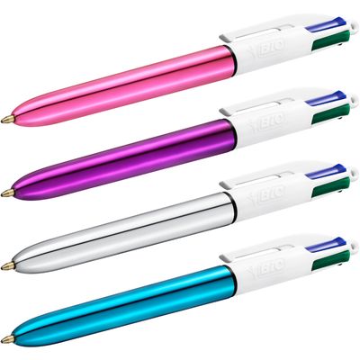 BIC 4 Couleurs Shine - 12 Stylos à bille 4 couleurs - corps bleu métallisé
