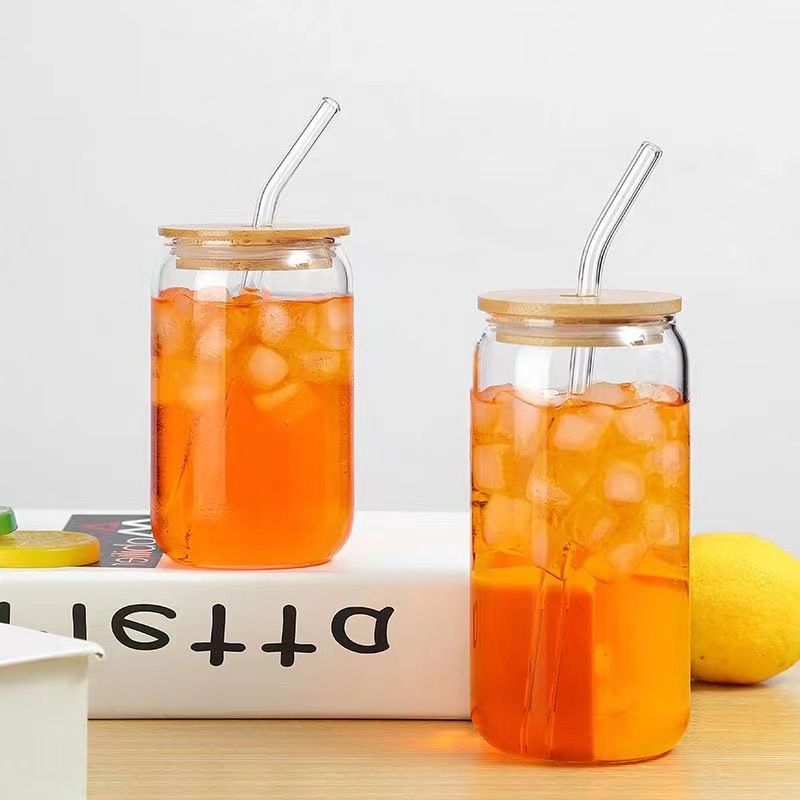 (540ml) Trinkglas Cocktail Cup Getränke Glas Eiskaffe Becher mit Bambus Deckel   Glas Strohhalm
