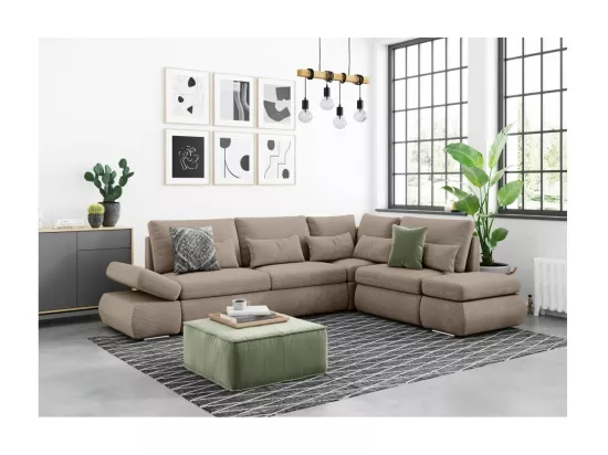 Canapé d'angle 4 places réversible Sebastian convertible avec coffre en velours côtelé - Taupe - L267 x P200 x H90cm - Loungitude