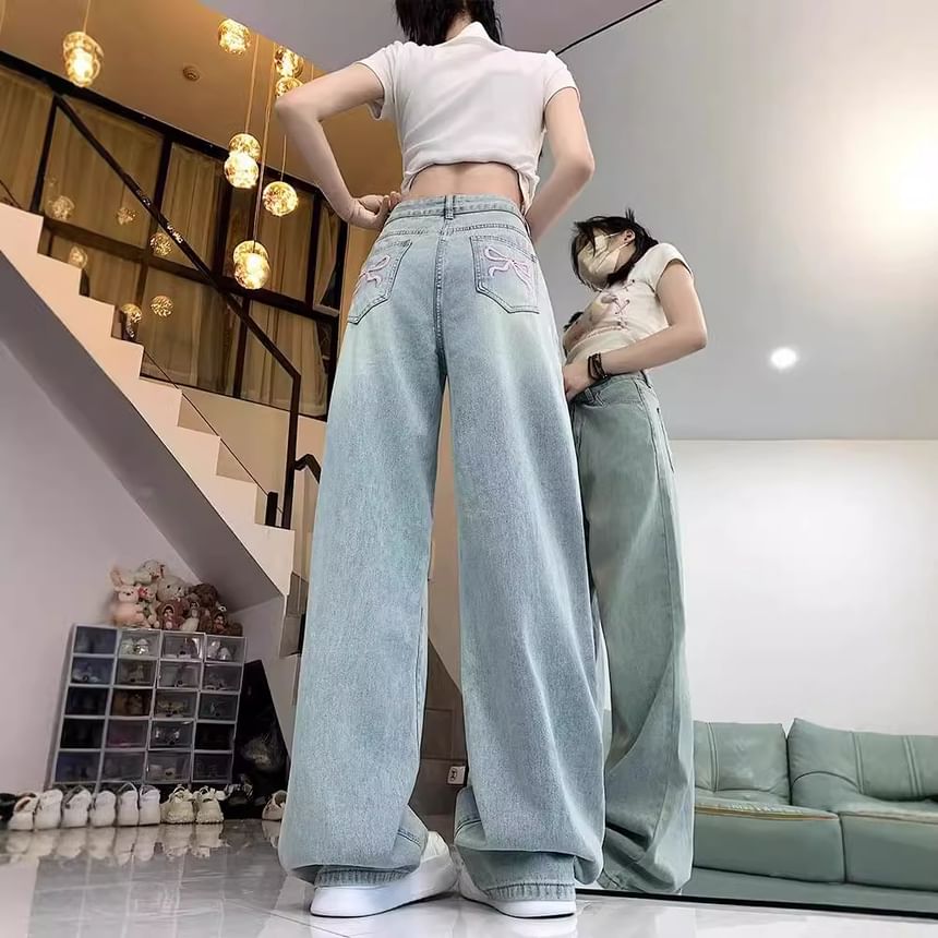 Kira Kira - High Waist Bow Borduursel Washed Wide Leg Jeans