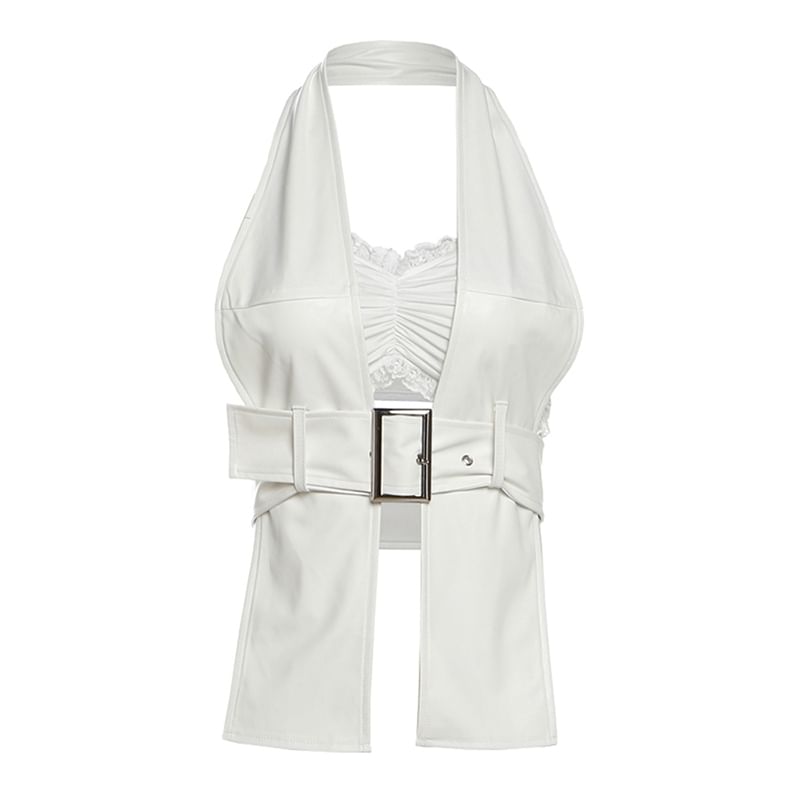 Bababy - Set: effen bandeau-bh met kanten rand en ruches + halternekvest met gespen en split