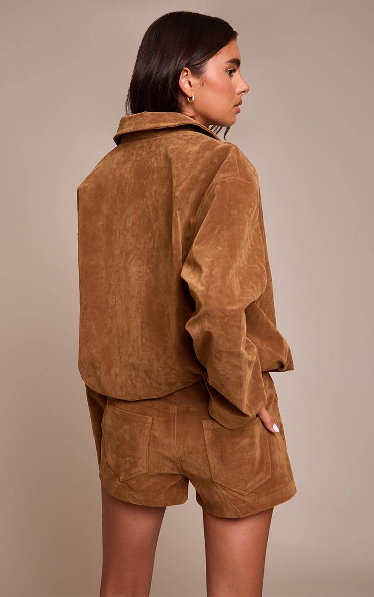 Marron Veste Courte Plissée En Daim Avec Fermeture Éclair