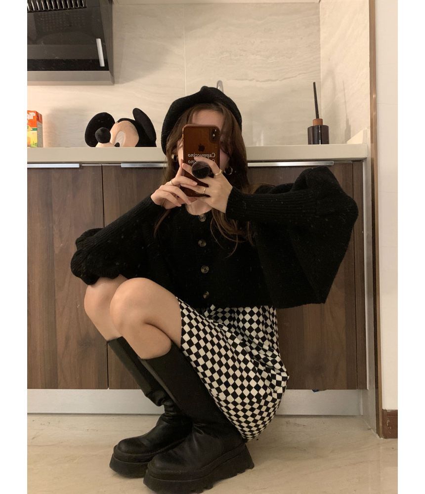 Monroll - Spaghettibandjes checkerboard mini-smokjurk / effen asymmetrische cropped cardigan