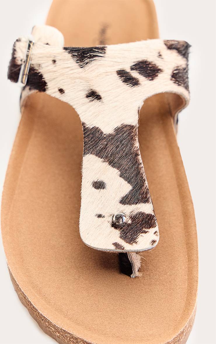 Noir Sandale À Entredoigt En Cuir Véritable Imprimé Vache Avec Semelle Anatomique