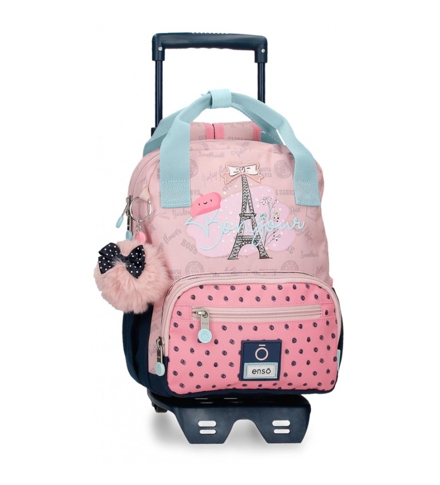 Mochila Enso Bonjour 28cm com rodinhas rosa