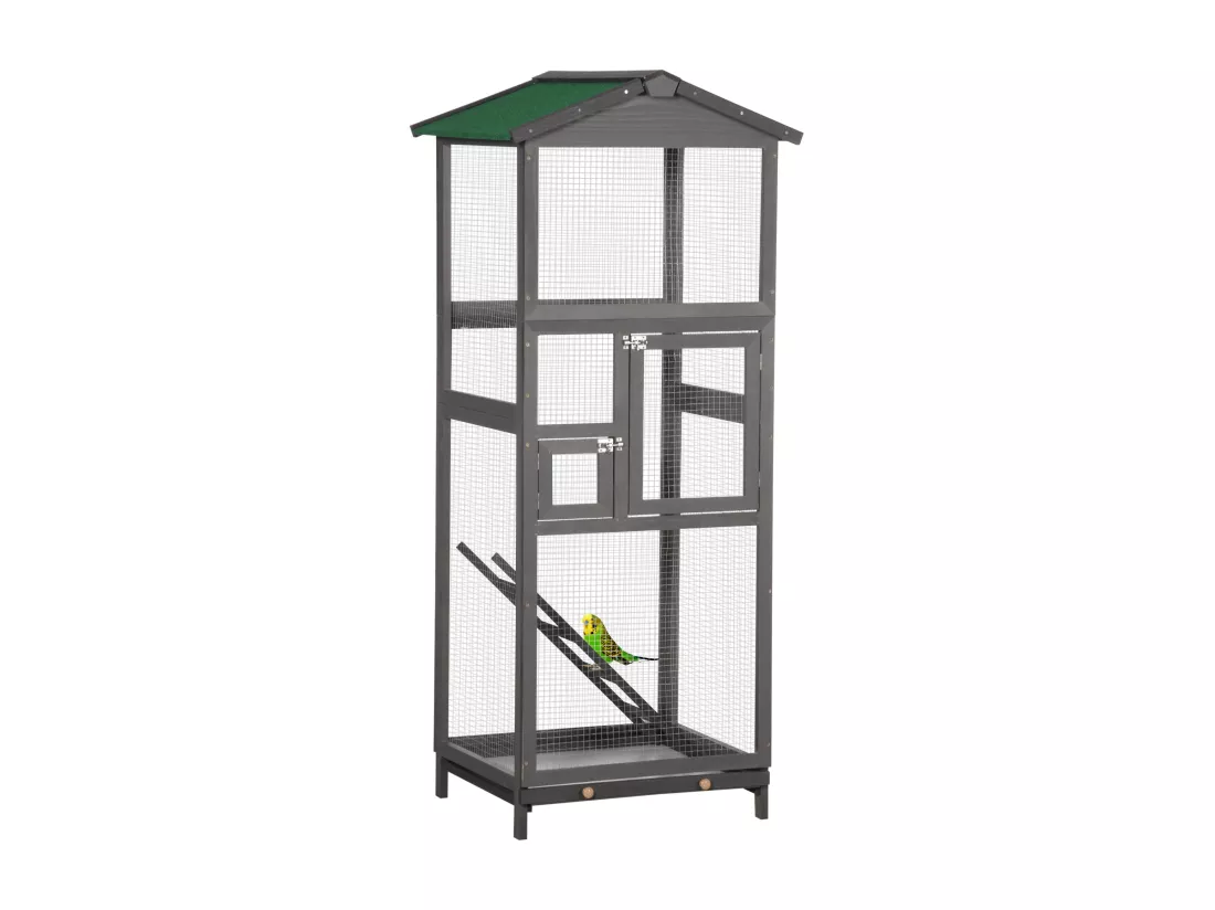 Cage à oiseaux volière grande taille 2 portes toit asphalte tiroir amovible bois gris