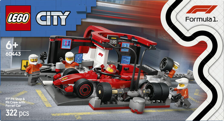 Lego F1-pitstop og pitcrew med Ferrari-bil