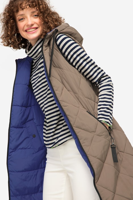 Wende-Weste, lange Form, Stepp, Kapuze, 2-Wege-Zipper