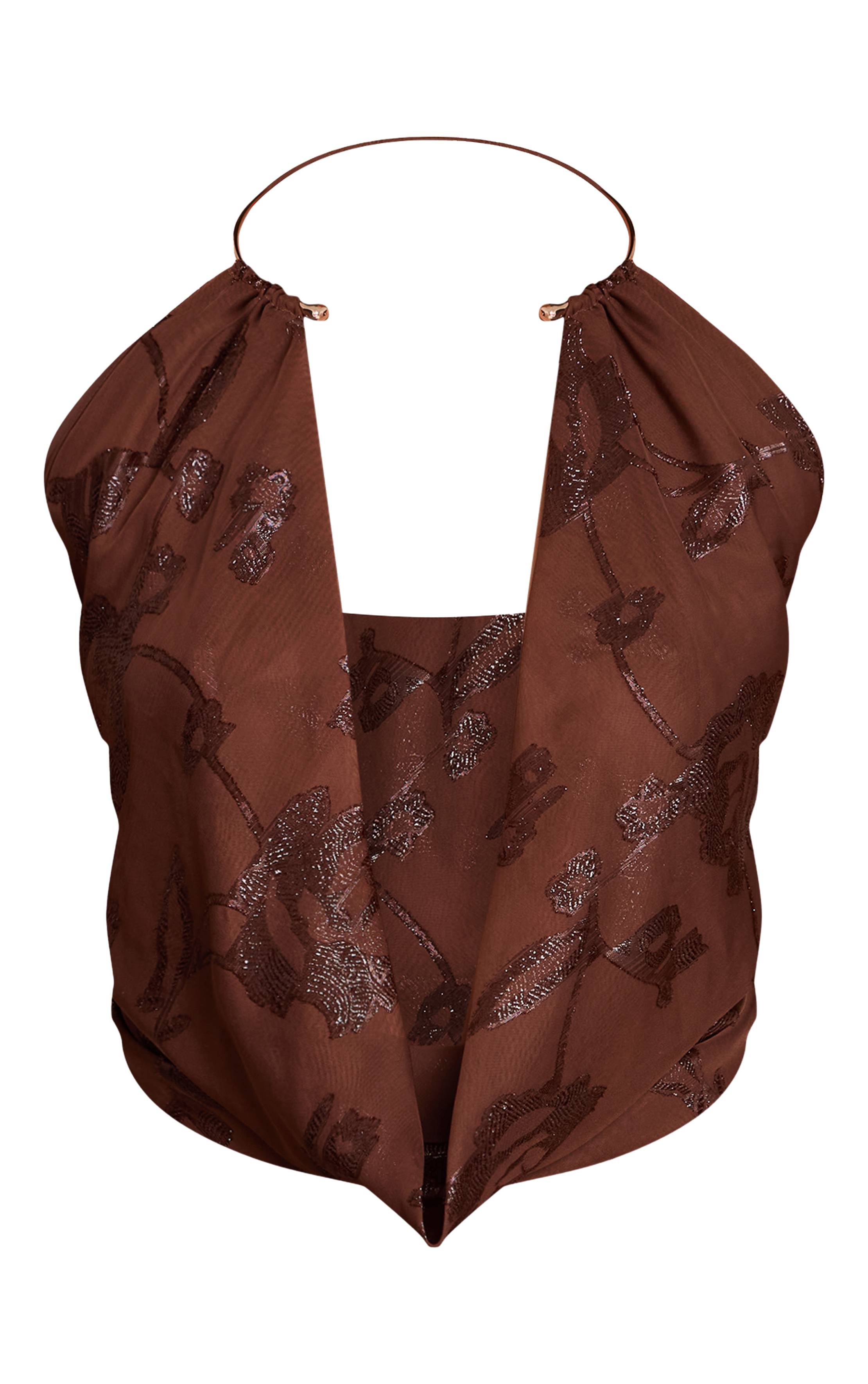 Chocolat Top À Encolure Licou Ornée D'or En Mousseline Pailletée Florale