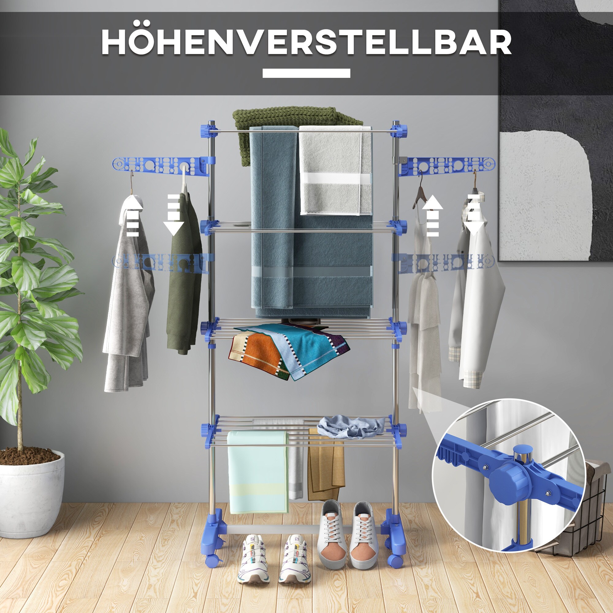 HOMCOM Wäscheständer mit Kleiderhaken grau 142L x 55B x 172H cm