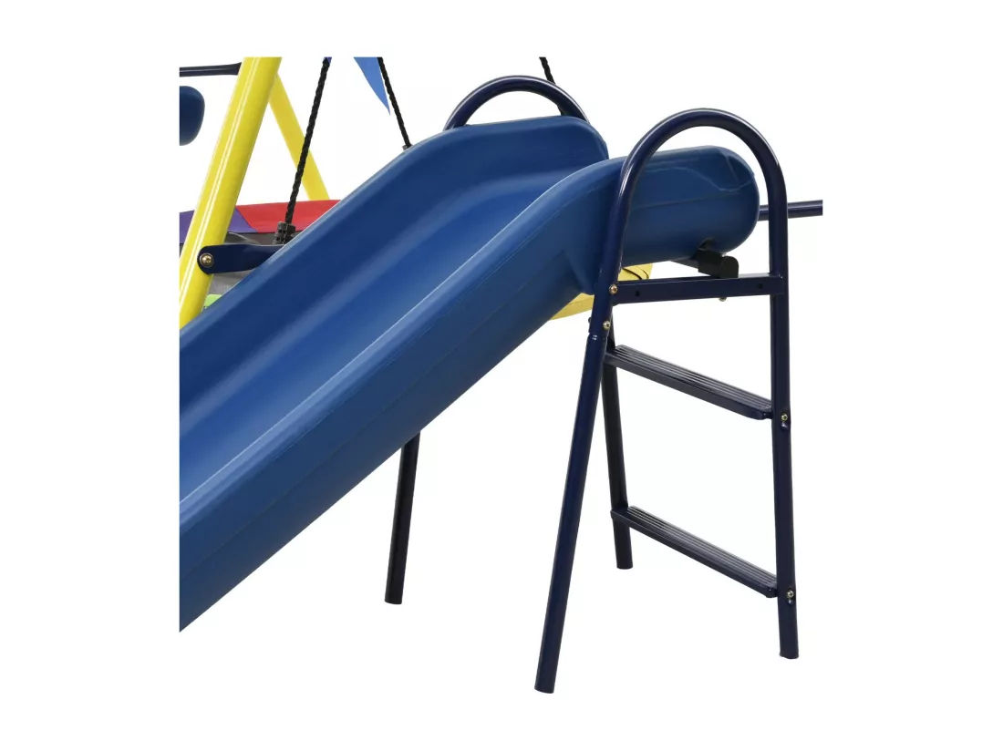 Jeux plein air 4 en 1, avec 2 balançoire, basket-ball, panier de basket-ball et toboggan, 3 à 8 ans, 311x183x213cm