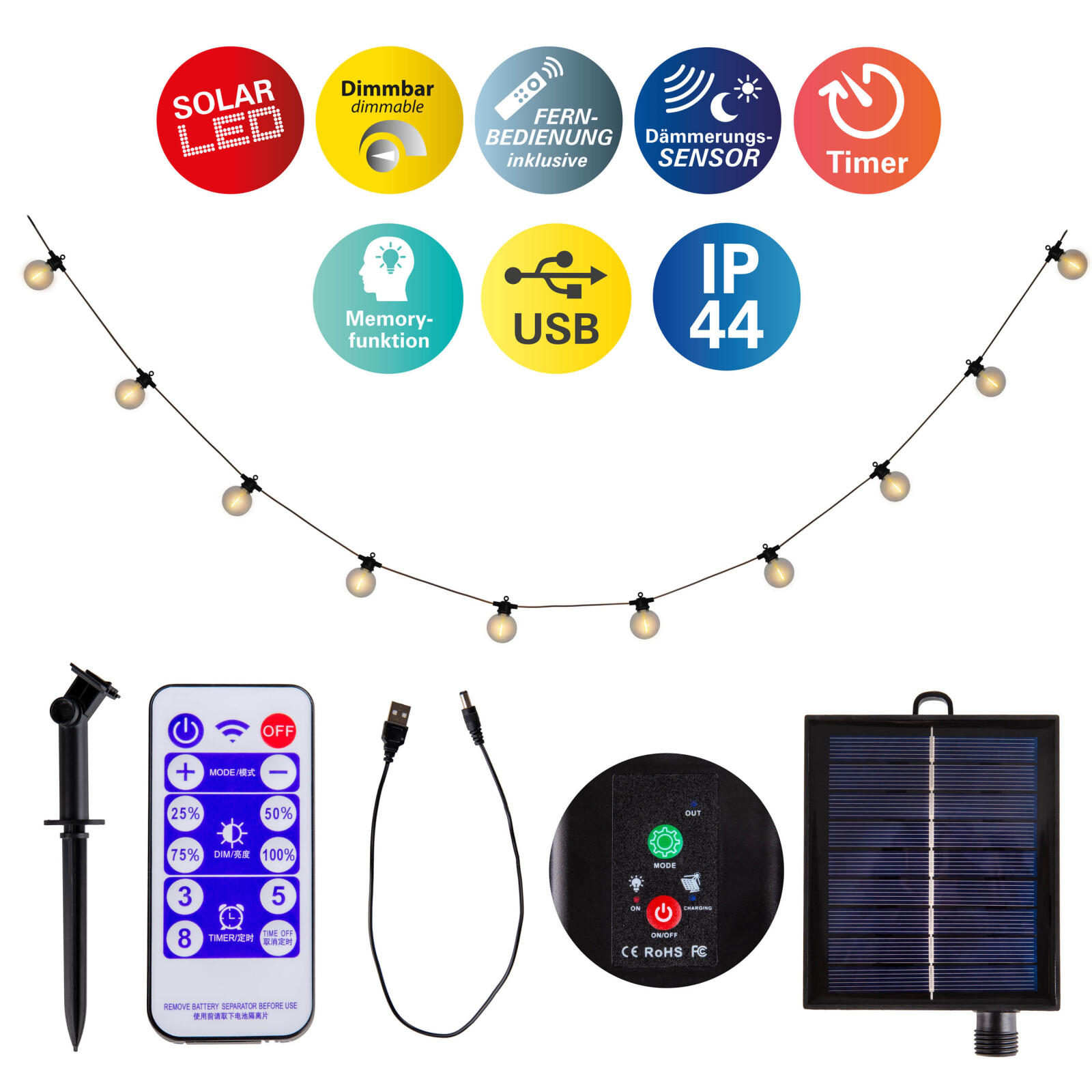 Solar-LED-Lichterkette CADENA - mit Fernbedienung - 10 Meter