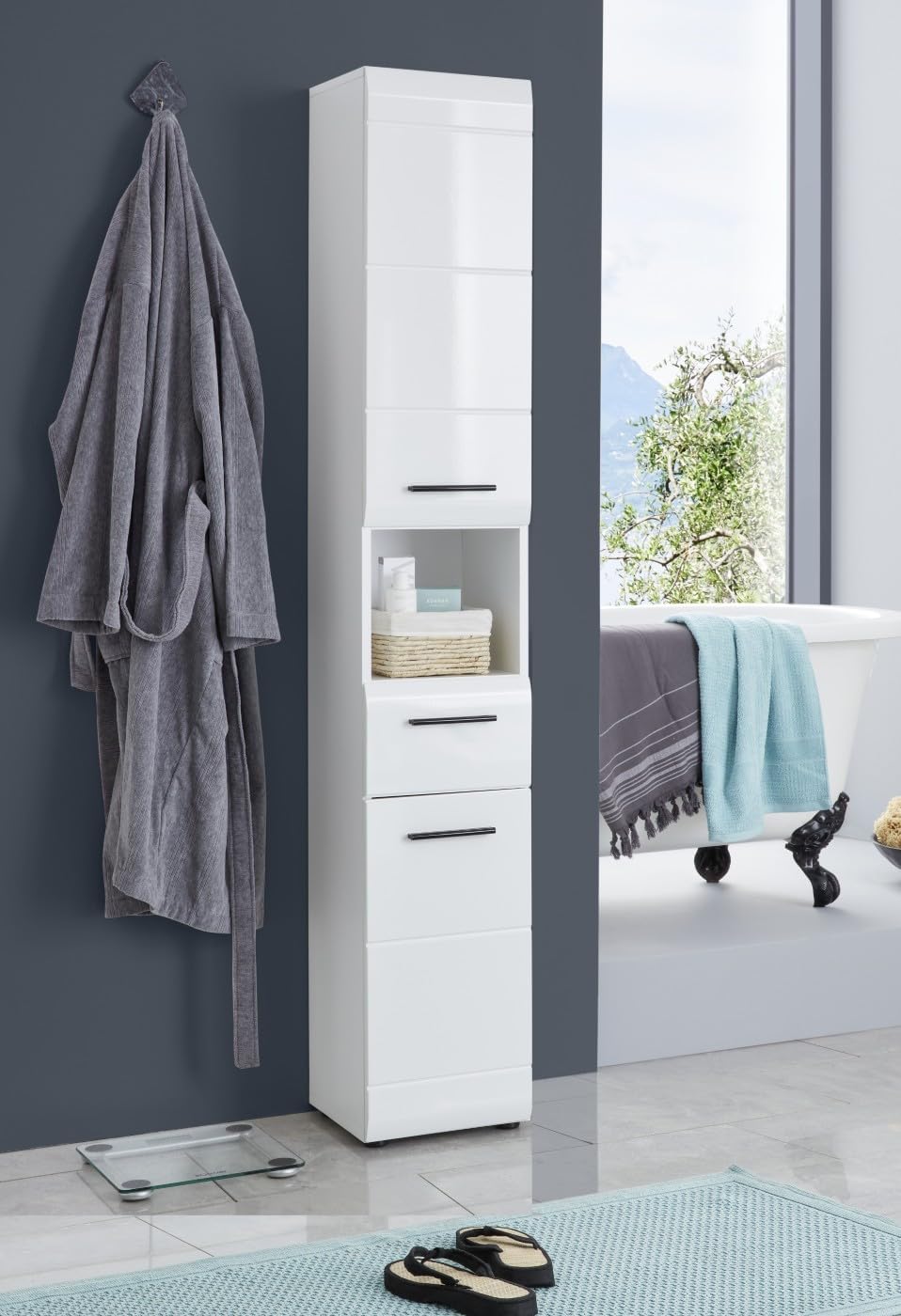 trendteam smart living - Skin - Hochschrank - Weiß/Weiß Hochglanz - 5 Fächer, eine Ablage und eine Schublade - (BxHxT) 30 x 182 x 31 cm - 2 verstellbare Einlegeböden - Kratzfest