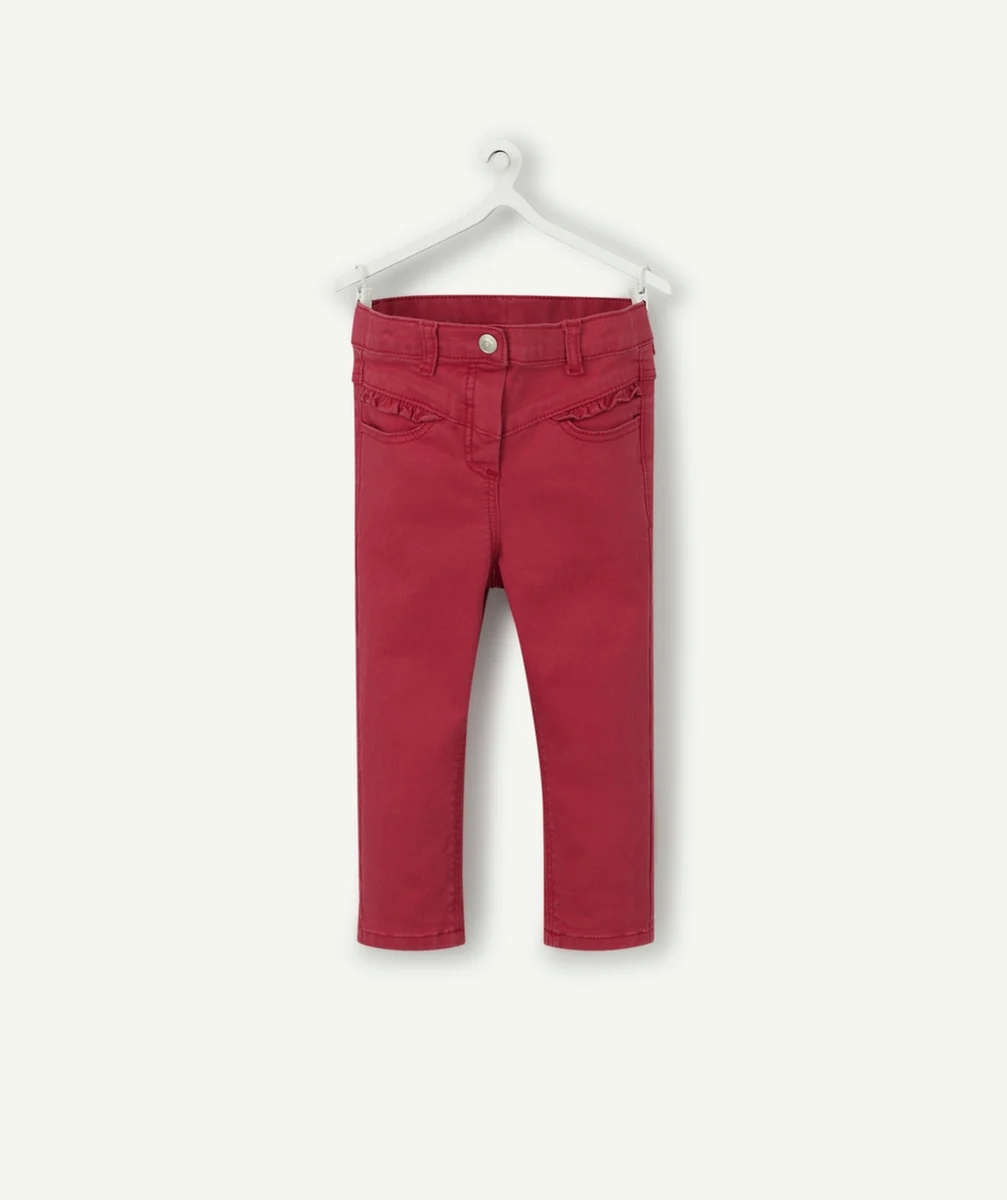 PANTALON SLIM BÉBÉ FILLE EN DENIM ROUGE AVEC VOLANTS