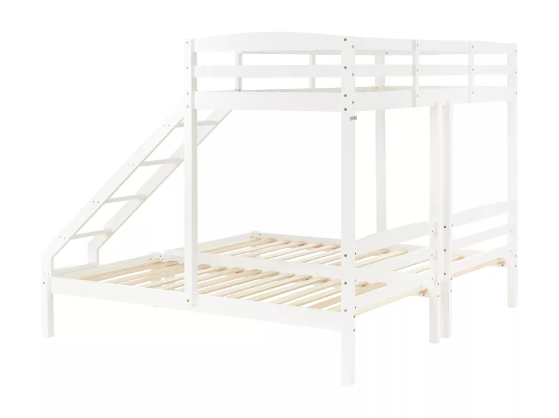 Lit superposé 90 x 200cm Lit triple - avec échelle latérale, sommier à lattes en pin, pour 3 personnes - Blanc