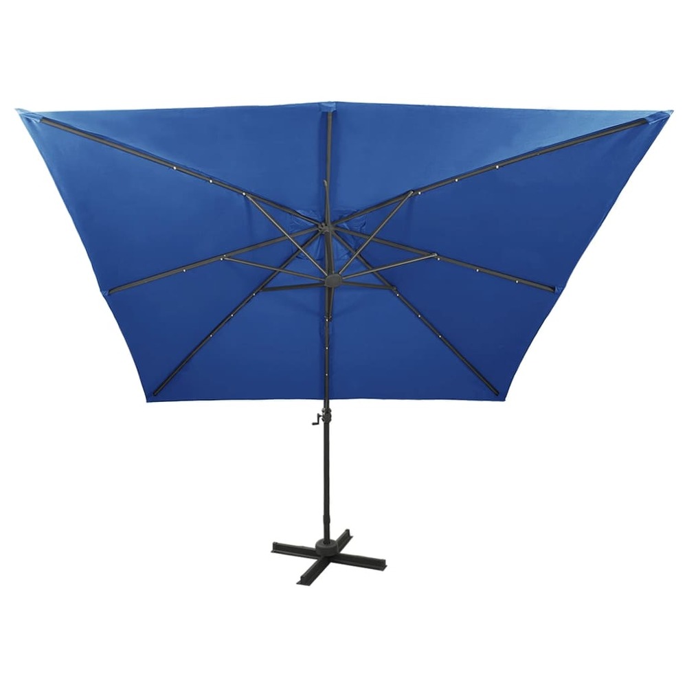 Parasol meuble de jardin déporté avec mât et lumières led 300 cm bleu azur