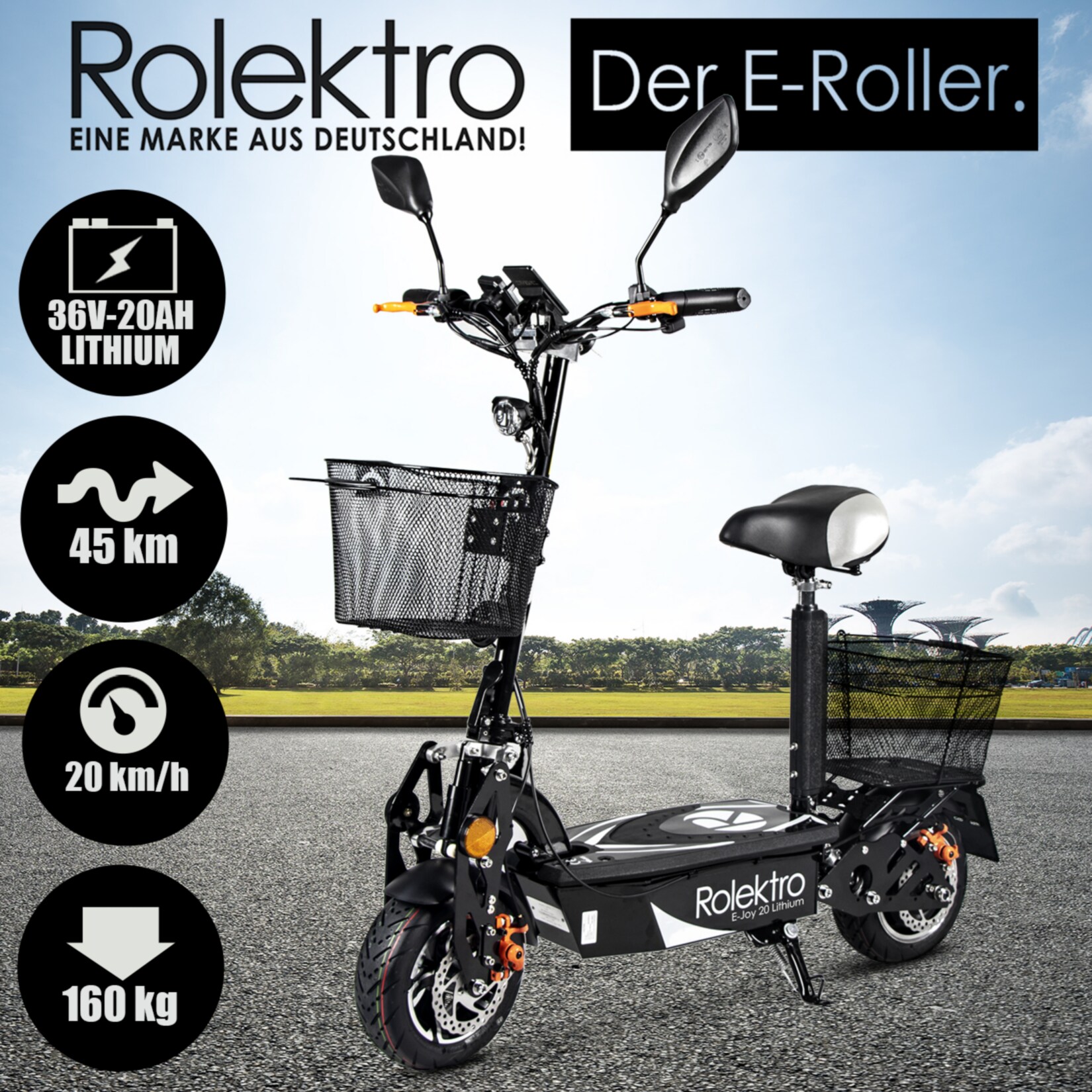 Rolektro, E-Joy Elektro-Scooter 20 Lithium, Schwarz, 36V-20AH Akku, 500 Watt