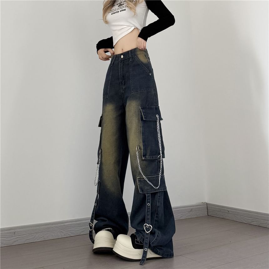 Kenning - Low Rise Washed Chained Wide Leg Cargo Jeans