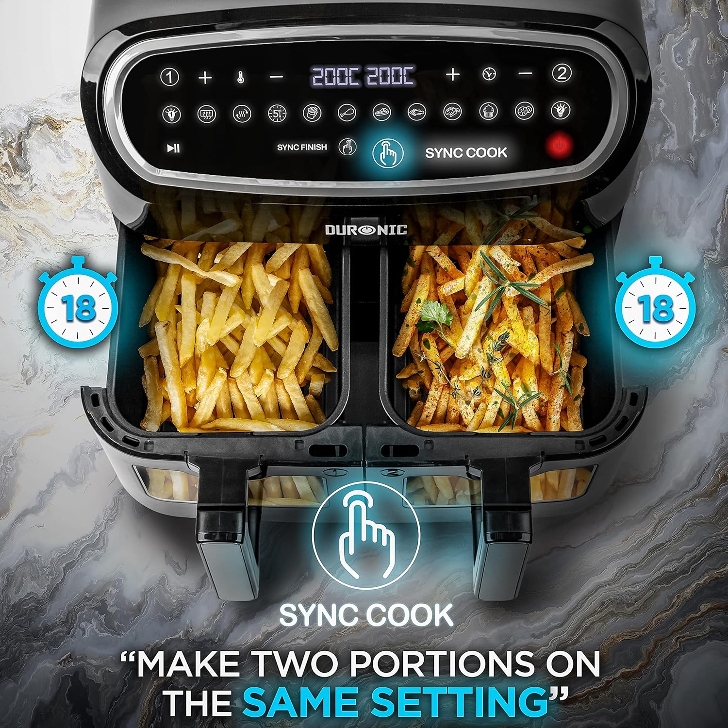 Duronic AF24 BK Doppelkammer Heißluftfritteuse, XXL Airfryer mit 2 x 5l Körbe, 10l Dual Zone Fritteuse mit 2400 Watt, Air Fryer mit 10 Programme