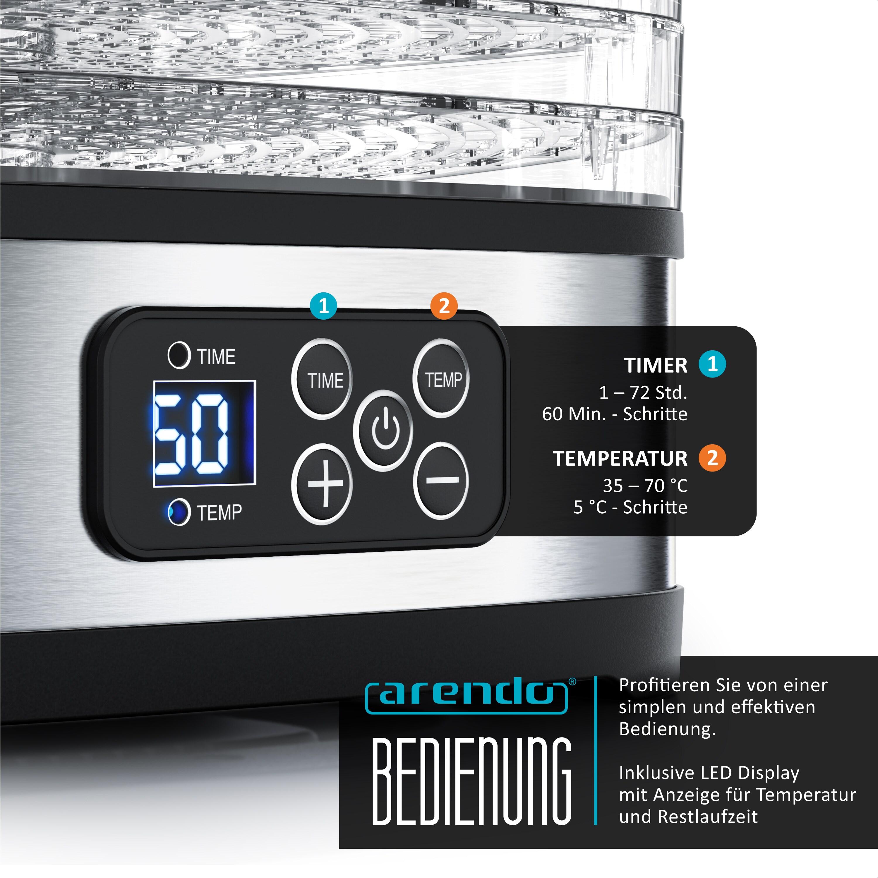 Arendo Dörrautomat mini mit Temperaturregler - Dehydrator - 5 Etagen - Timer 1 bis 72 h - 5 Einlegefächer - je Fach zwei Höhen - Food Fleisch Kräuter