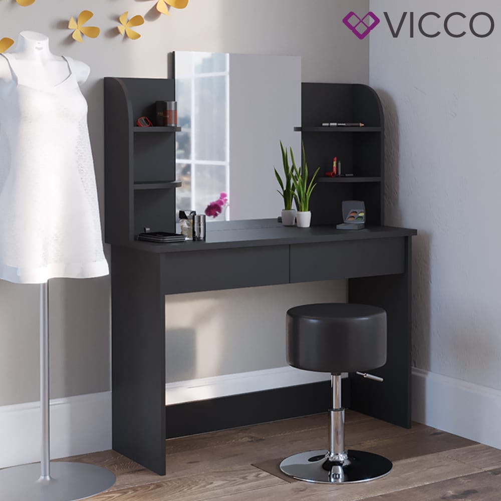 Vicco Schminktisch Charlotte Frisiertisch Kommode Frisierkommode Spiegel Schwarz inklusive Hocker