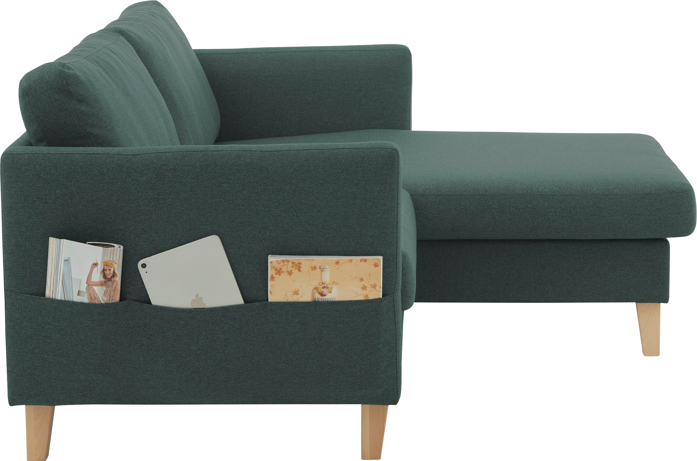 ATLANTIC home collection Ecksofa »Mailo L-Form« mit Seitentaschen, Recamiere beidseitig montierbar, Massivholzfüsse