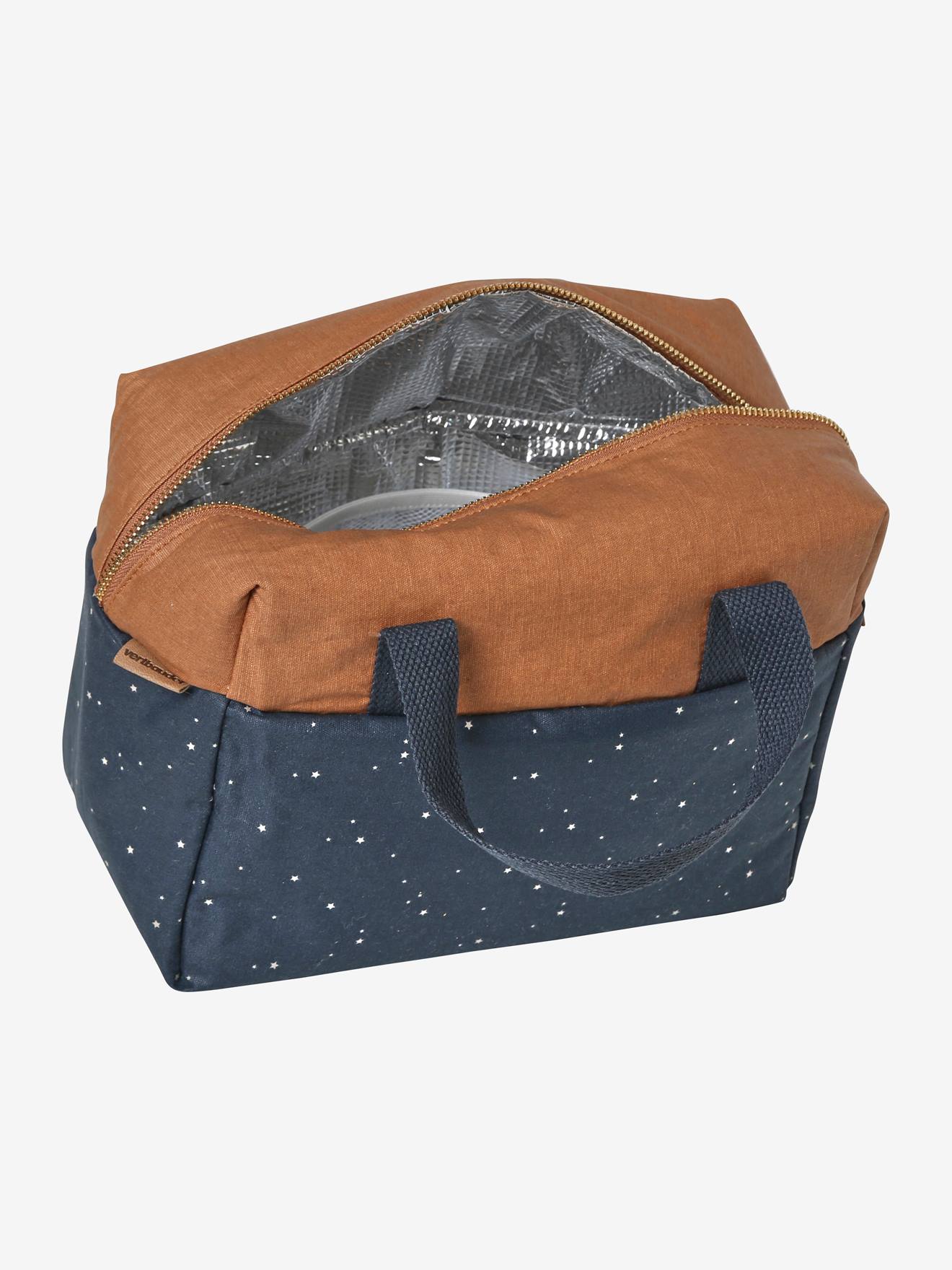 Lancheira de algodão bicolor com forro estampado azul escuro.