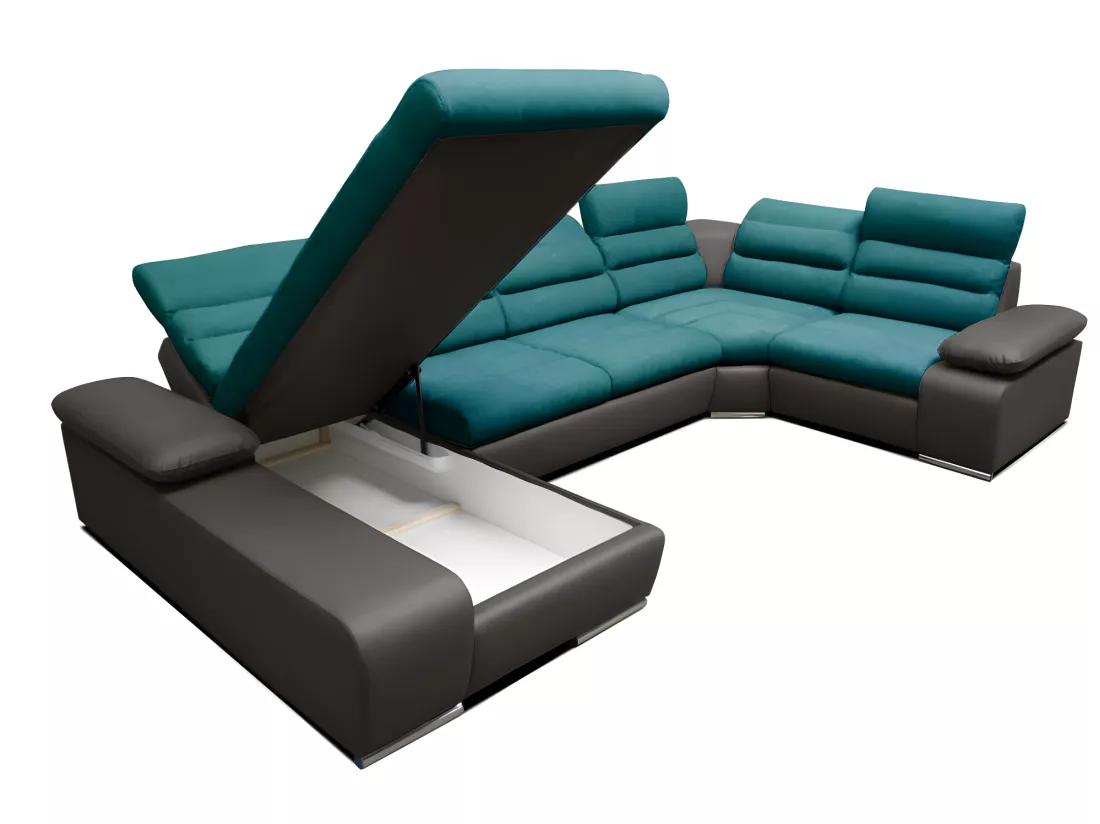 Canapé d'angle panoramique convertible en tissu et simili BOILEAU - Bicolore turquoise/anthracite - Angle gauche