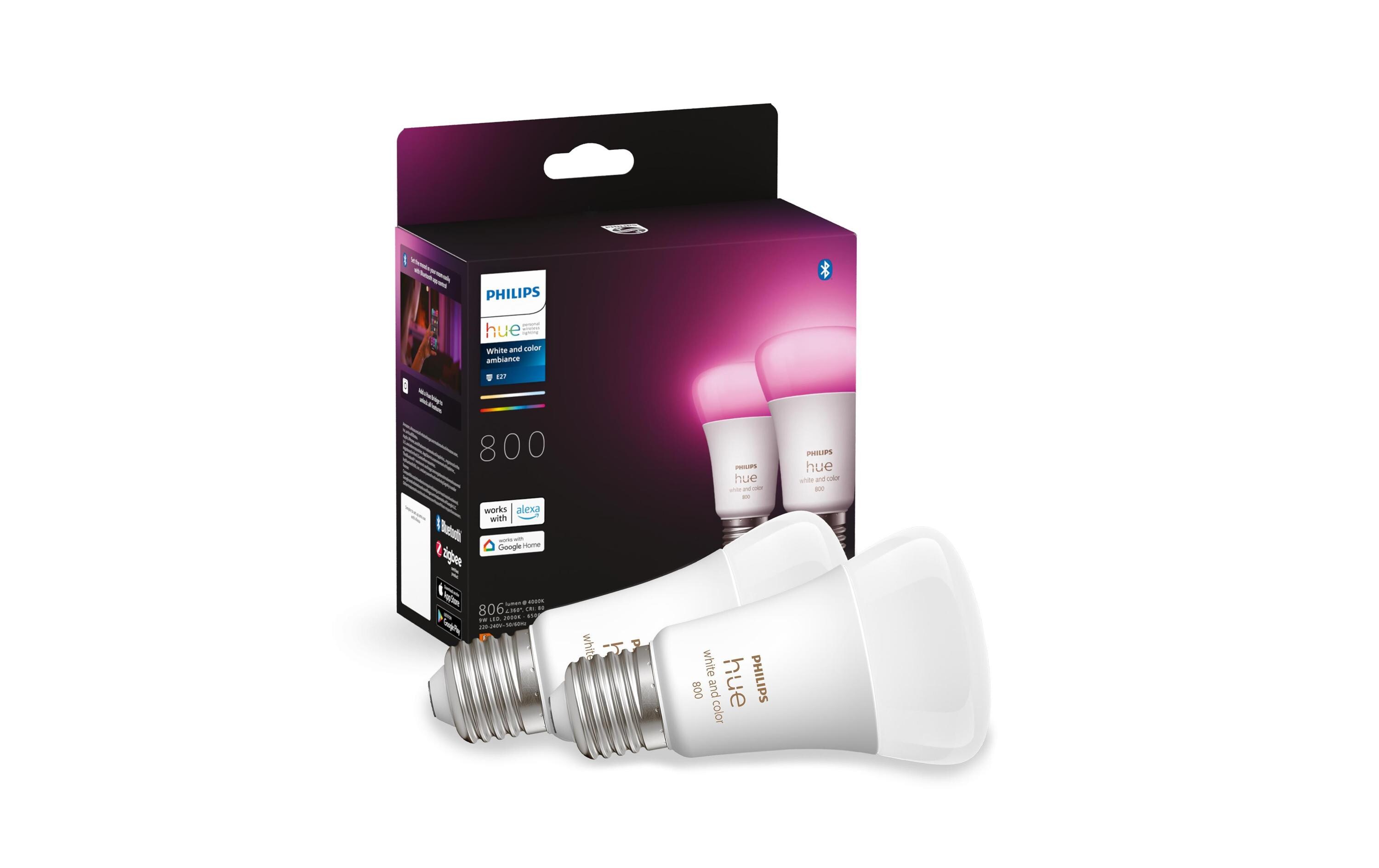 Leuchtmittel White & Col. Amb. E27 Doppelpack 2 x 570 lm<br>Per Bluetooth steuerbares Hue E27-Leuchtmittel