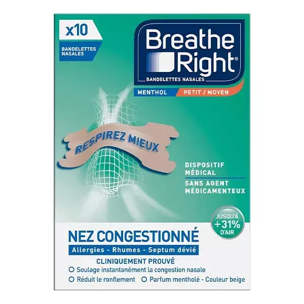 Tiras Nasais Breathe Right com Mentol para Nariz Congestionado (10 unidades)