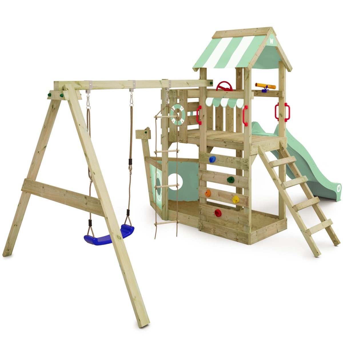 WICKEY SeaFlyer speeltoren klimtoestel met schommel en glijbaan, boomhut met zandbak, klimladder en speelaccessoires – pastelgroen