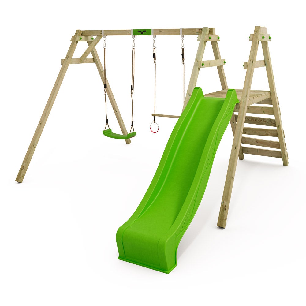 FATMOOSE Kinderschommelset JollyJack Swing, Schommelframe, Dubbele Schommel, Houten Schommel met Klimopbevestiging - Appelgroen