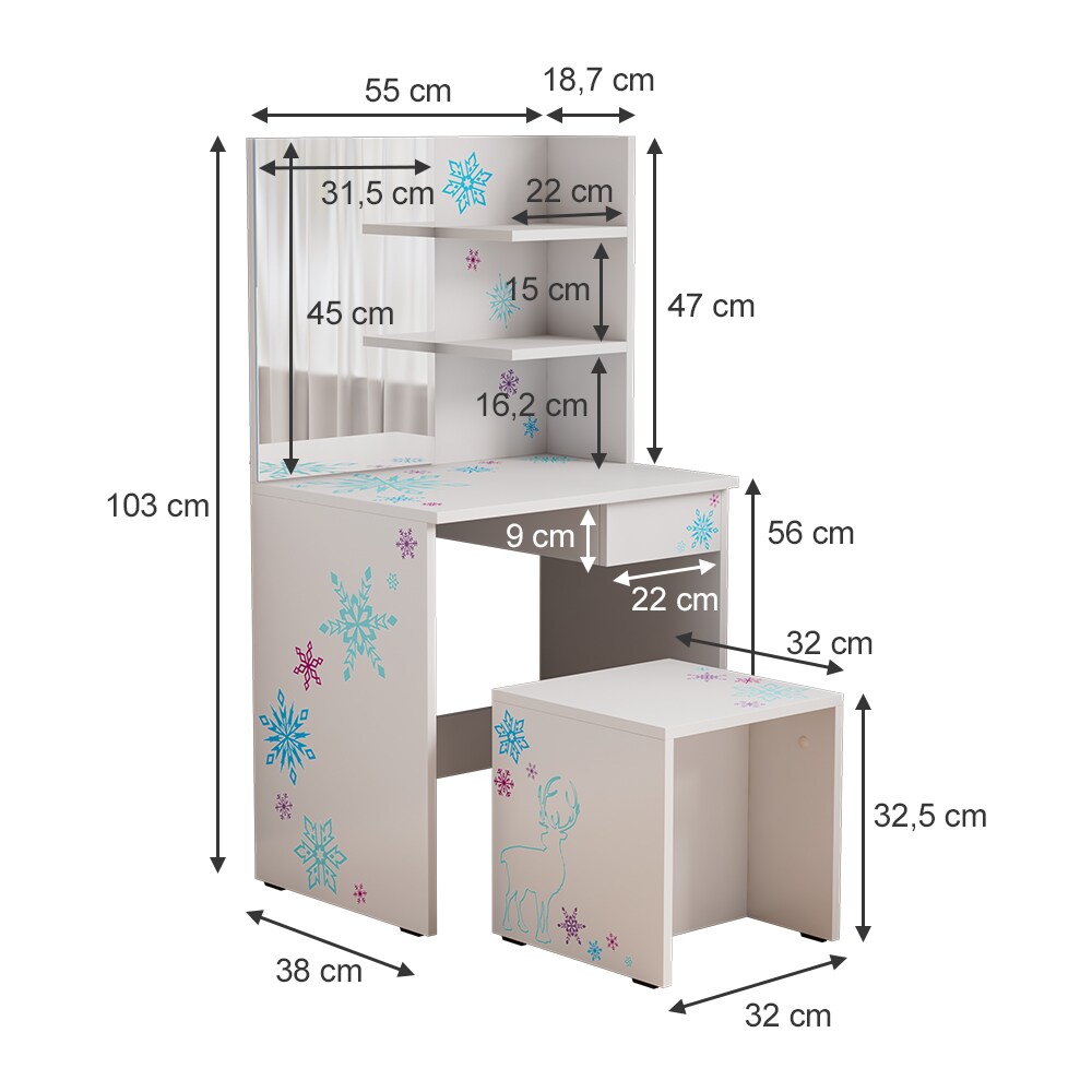 Oskar-Store Kinderschminktisch Schneeflocke 55 x 103 cm, Weiß, Schminktisch mit Hocker