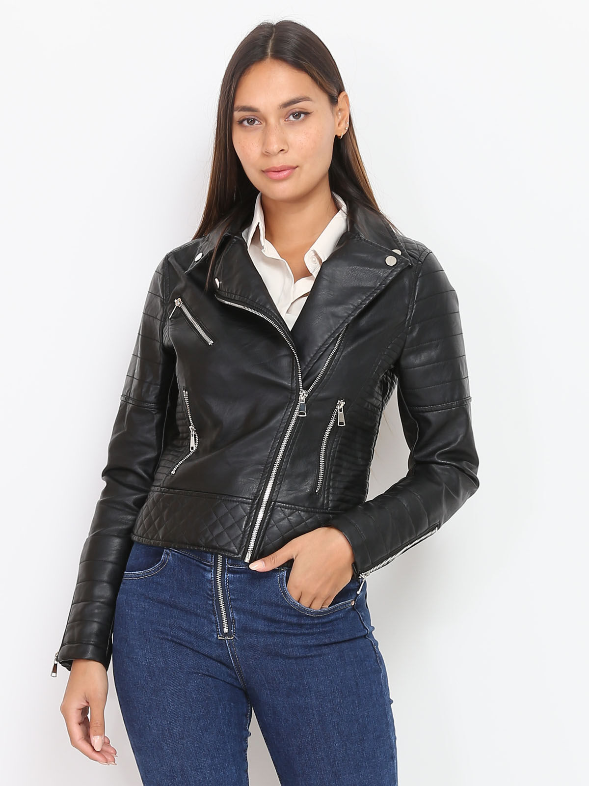 Veste style motard à effet matelassé et zip- Noir
