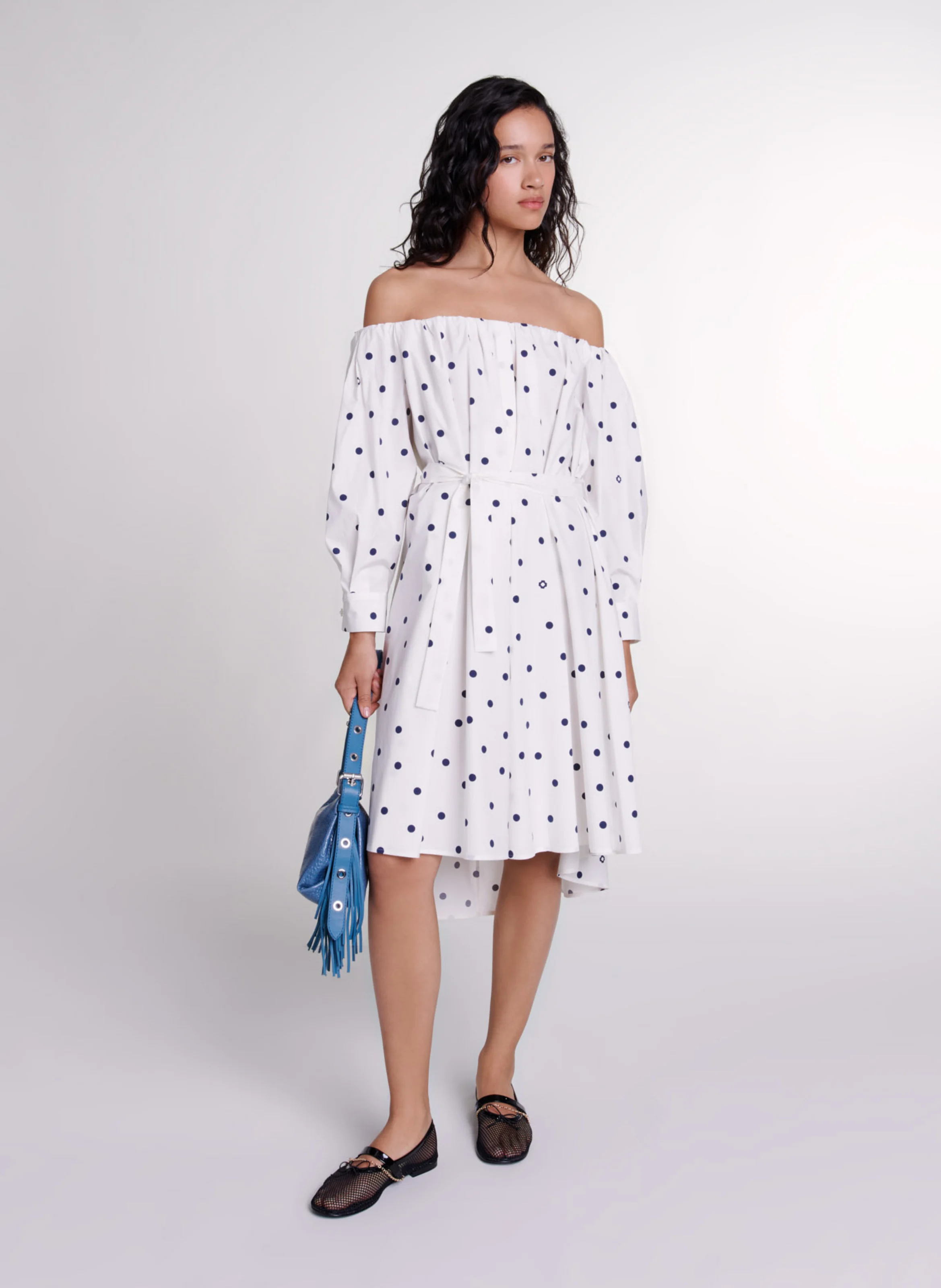 Robe chemise ajustée encolure bardot en coton mélangé imprimé | Multicolore