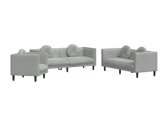 Ensemble de canapés 3 pcs avec coussins gris clair velours