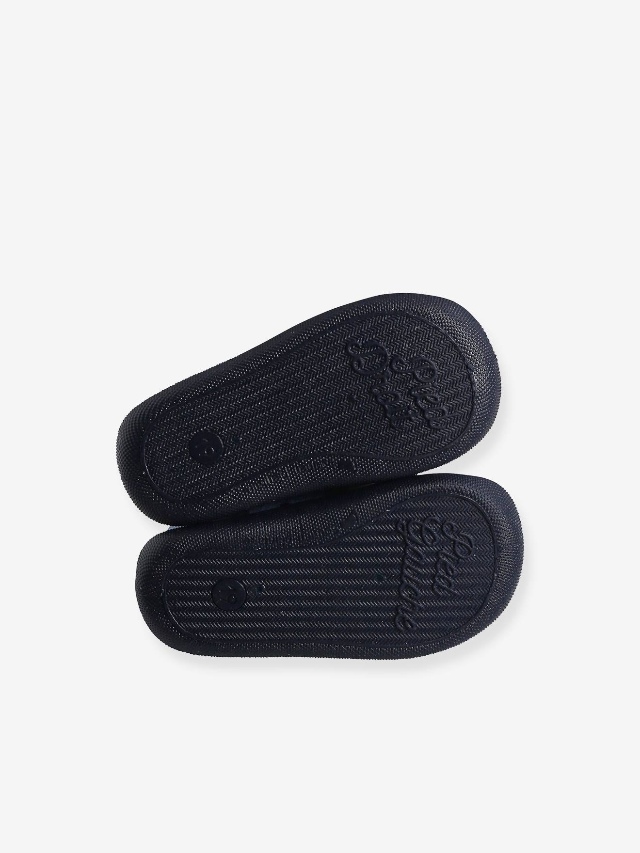 Pantufas de casa com zíper para bebês, fabricadas na França, estampa cinza.