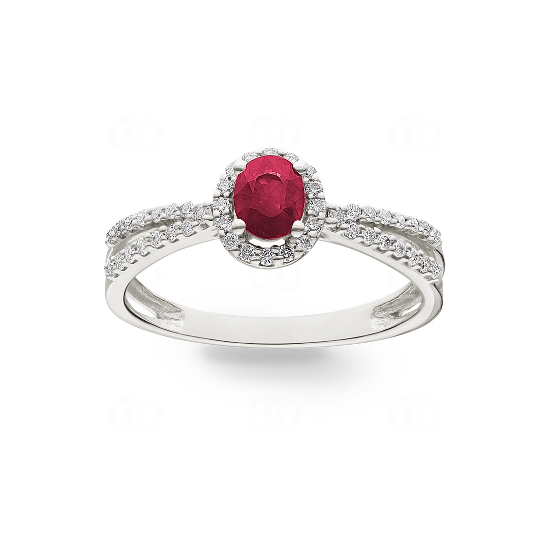 Damenring 750/18 K Weissgold mit Rubin oval und Diamanten 0.19 ct H/si