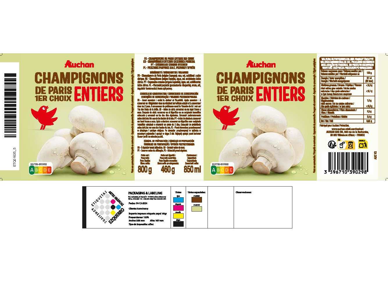 COGUMELOS INTEIROS AUCHAN 800(460)G
