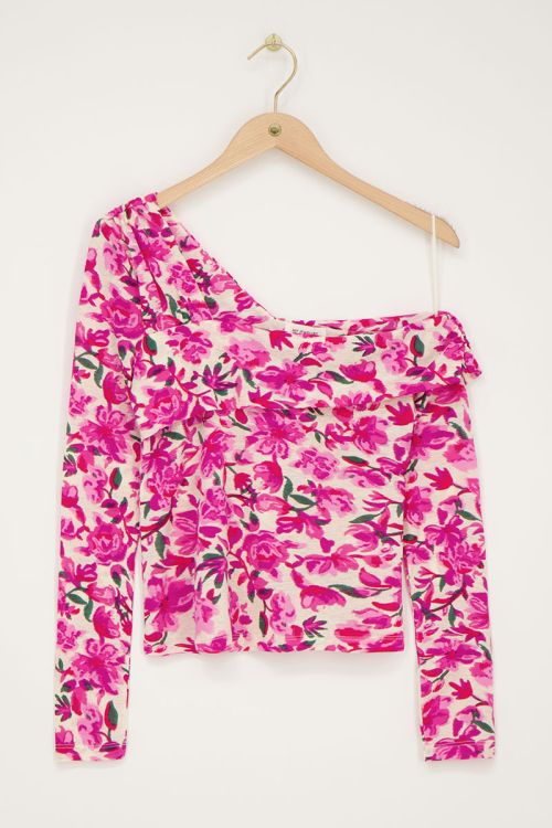 Beige off-shoulder top met roze bloemenprint