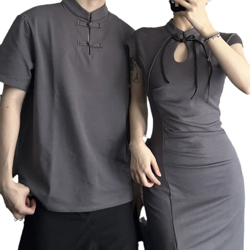 Azure - Koppel bijpassende pet-mouw effen uitsparing gerimpelde kikker knoopsluiting midi mantel qipao / elleboogmouw opstaande kraag T-shirt / wijde pijpen pak broek / set