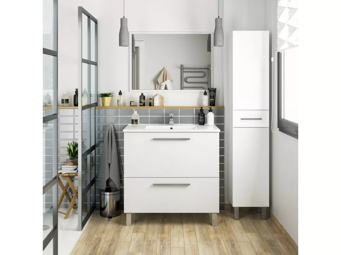 Colonne de salle de bain Dokerek, Élément mural de salle de bain avec 2 portes et 1 tiroir, Armoire haute, 35x31h182 cm, Blanc brillant