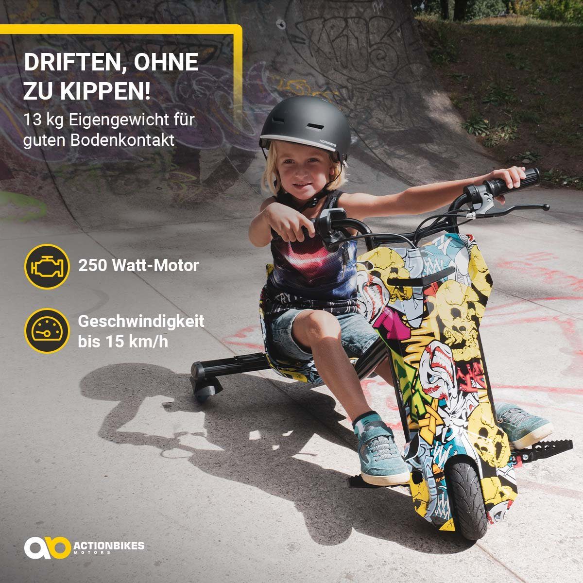 Patinete de três rodas Actionbikes Motors Drifter 360, 15 km/h, 250 watts - Rodas LED 360° - Suspensão - 3 níveis - Triciclo de drift