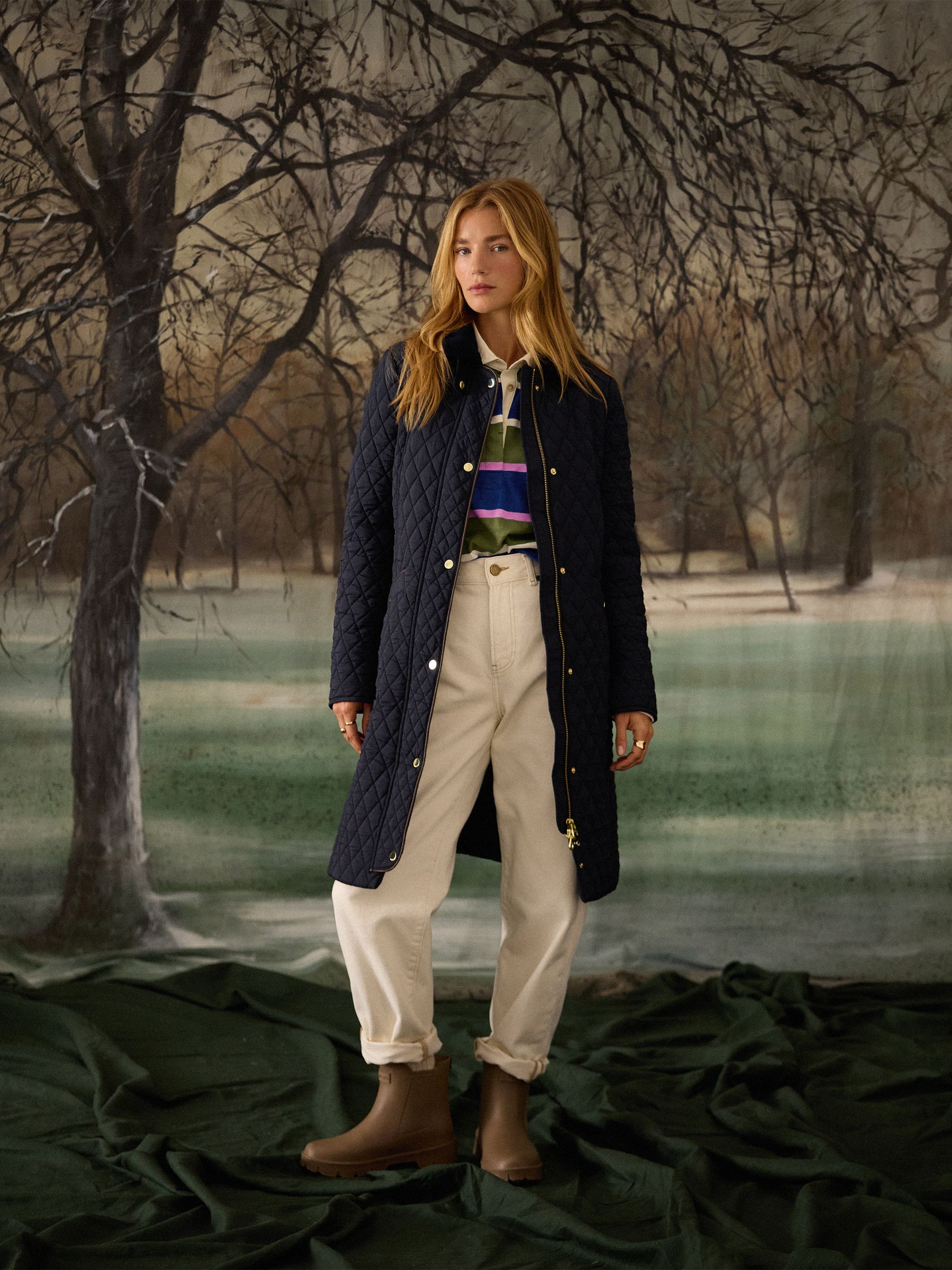 Marineblauw - Joules Rosewell Longline Diamond Quilted Showerproof Coat with Collar