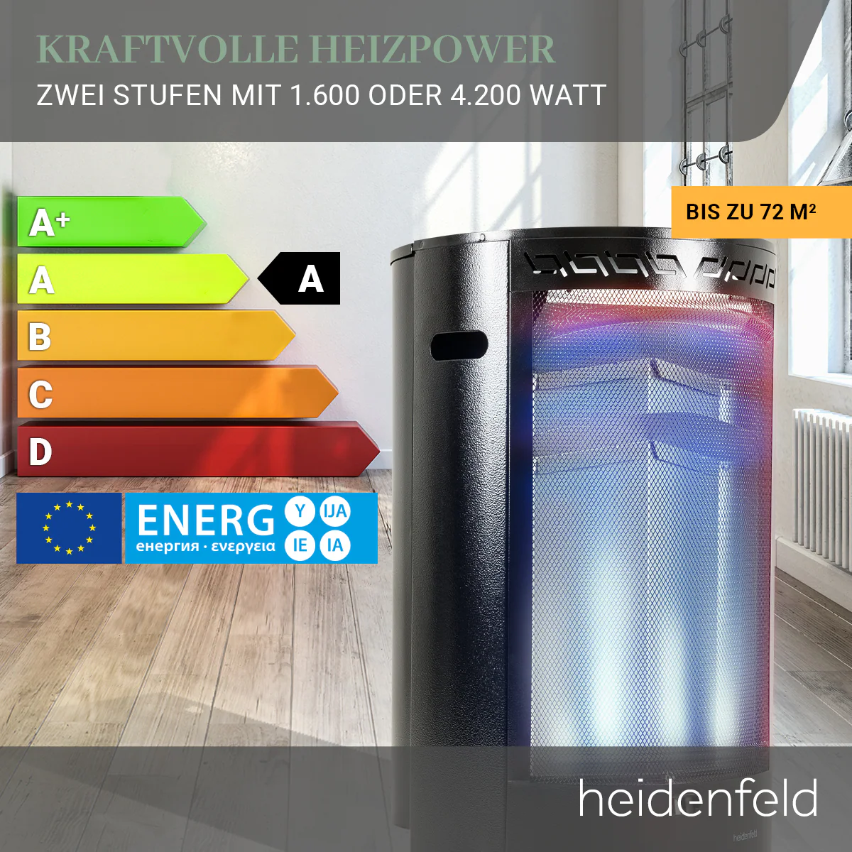 Heidenfeld Gasofen Blueflame GH110, Gasheizstrahler, 1600-4200 Watt, ODS-System, elektrische Zündung