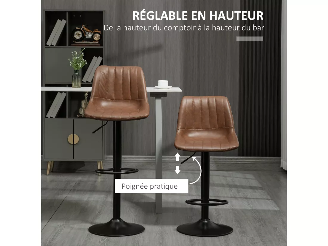 Lot de 2 tabourets de bar Vintage pivotant réglable - repose-pied - revêtement synthétique marron